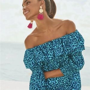 💕 Lilly Pulitzer Beatrix Off-the Shoulder Top Oyster Bay Navy My Favorite Spot